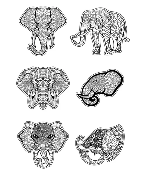 Set Color Floral Mandalas Elephant Vector Illustration Hand Drawn Elephants — 스톡 벡터