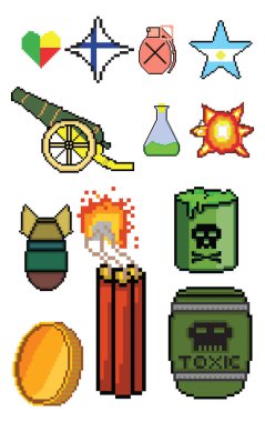 8 bit Pixel resim oyunu ikonu seti. Evet elementler piksel seti. oyun dünyası ve piksel sahnesi.