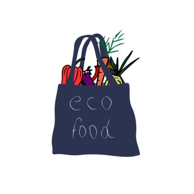 Eko çanta, alışveriş torbası, taze sebzeli. Taze yemek teması üzerine parlak bir illüstrasyon.