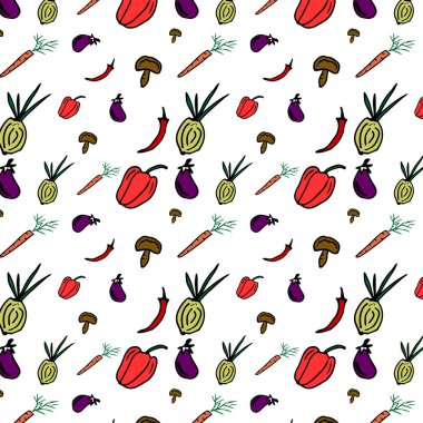 Taze sebzeli şablon: biber soğanlı havuç mantarlı patlıcan. Duvar kağıdı, tekstil, ambalaj ve taze gıda teması için parlak bir illüstrasyon.