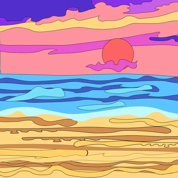 sea sunset. Tropical landscape of ocean with sky, clouds and water in red light of evening sun. Vector cartoon summer seascape