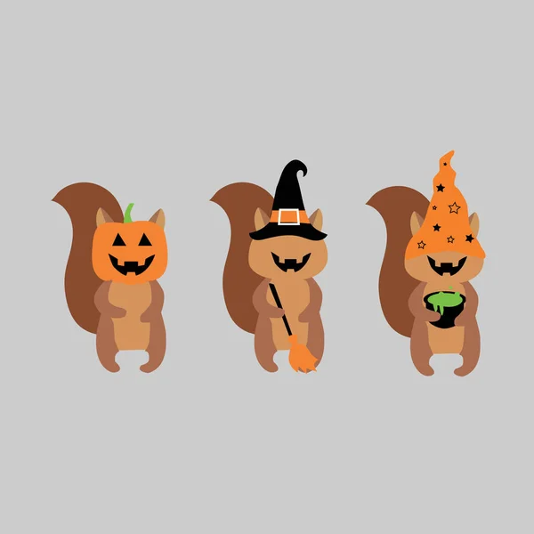 Set Vector Halloween Symbols Halloween Characters Squirrels Hat Broom Pumpkin — 图库矢量图片
