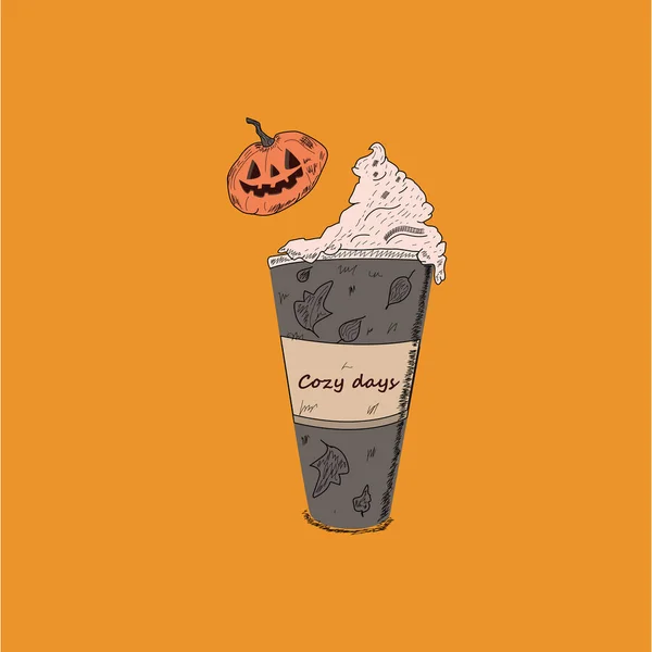 Cute Vector Illustration Pumpkin Spice Latte Cute Pumpkin Foam Yellow — ストックベクタ