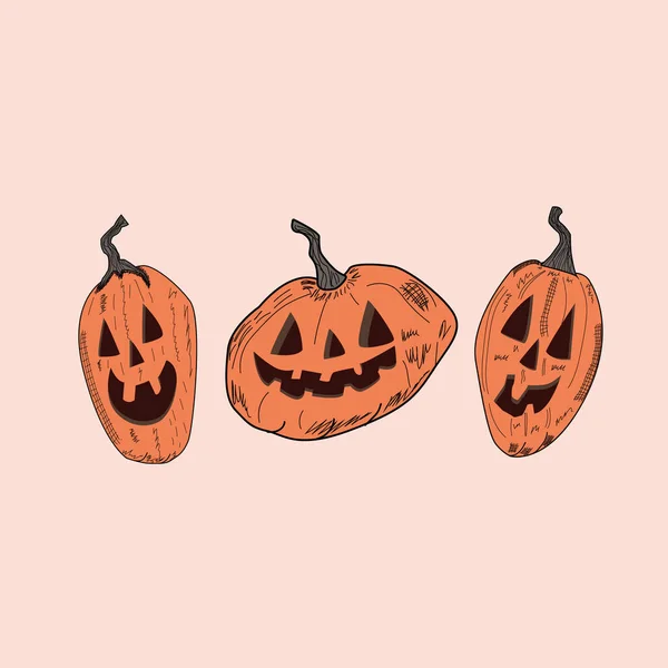 Conjunto Calabazas Halloween Caras Graciosas Vacaciones Otoño — Archivo Imágenes Vectoriales