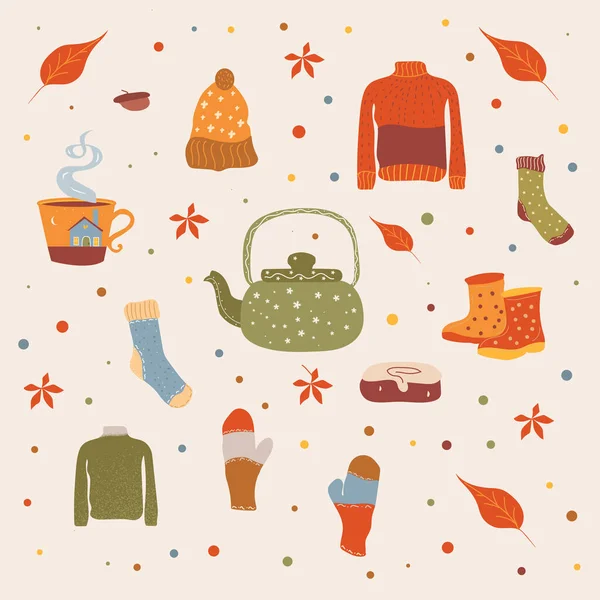 Autumn Illustration Stickers Homely Cute Things Vector Design Card Poster — Vettoriale Stock