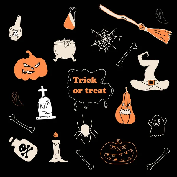 Halloween Party Traditional Doodle Icons Sketch Hand Made Design Black — Stockový vektor
