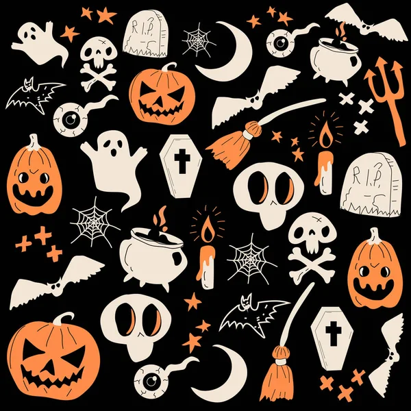 Halloween Party Tradiční Doodle Ikony Skica Ručně Vyrobený Design Černém — Stockový vektor