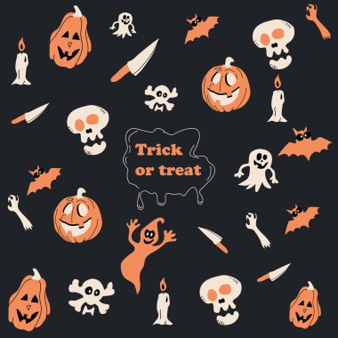 El çizimi cadılar bayramı karalamalarıyla kusursuz desen. Garip hayaletler, kafatasları, kemikler, balkabağı...