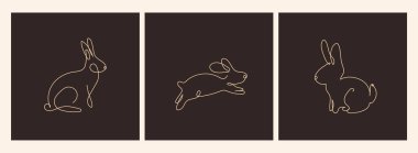 Bir çizgi çizen tavşanlar dizildi. Poster, vektör koyu arkaplanda.