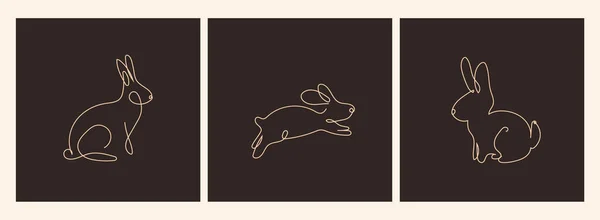 One Line Drawing Rabbits Set Poster Vector Dark Background — Vettoriale Stock