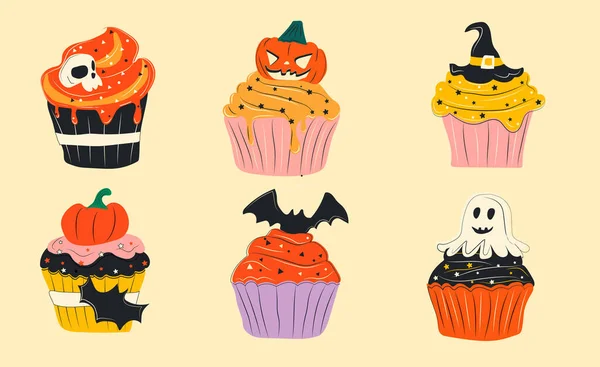 Cute Halloween Cupcakes Cartoon Characters Stickers Collection Hand Drawn Style — 图库矢量图片