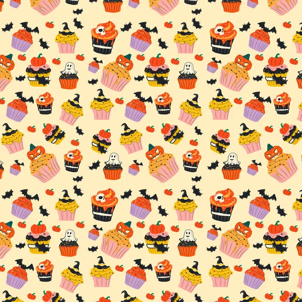 Vector Seamless Pattern Cupcakes Halloween Donuts — 图库矢量图片