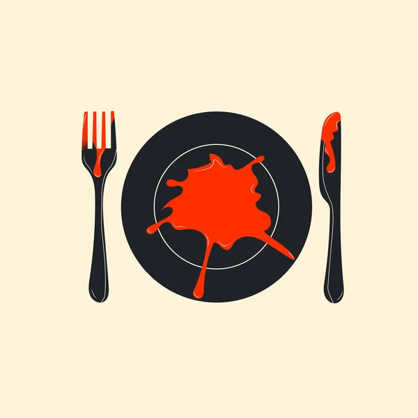 Cutlery Blood Plate Covered Blood Dinner Vampire Monster Halloween Vector — Stock Vector