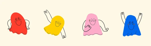 Set Various Bright Ghosts Face Emotions Hands Legs Hand Drawn — 图库矢量图片