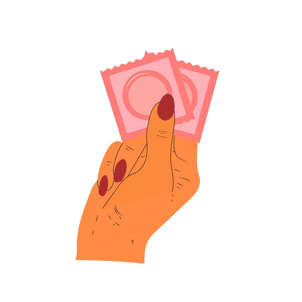 Girl Holding Pair Different Flat Style Condoms Her Hand Concept — ストックベクタ