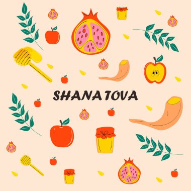 Rosh Hashanah horizontal background with Shana Tova inscription decorated by menorah, shofar horn, Torah, honey, apples, pomegranates. Flat cartoon vector illustration for Jewish new year celebration.