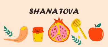 Rosh Hashanah horizontal background with Shana Tova inscription decorated by menorah, shofar horn, Torah, honey, apples, pomegranates. Flat cartoon vector illustration for Jewish new year celebration.
