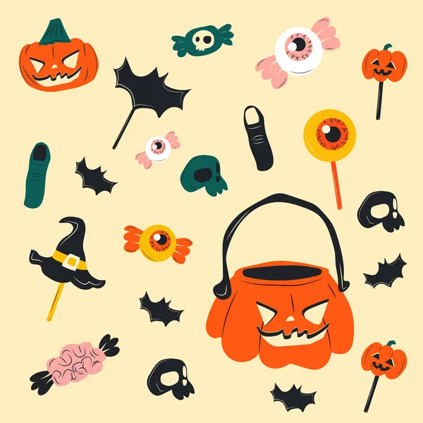 Cute Halloween Candy Cartoon Characters Stickers Collection Hand Drawn Style — Stockový vektor