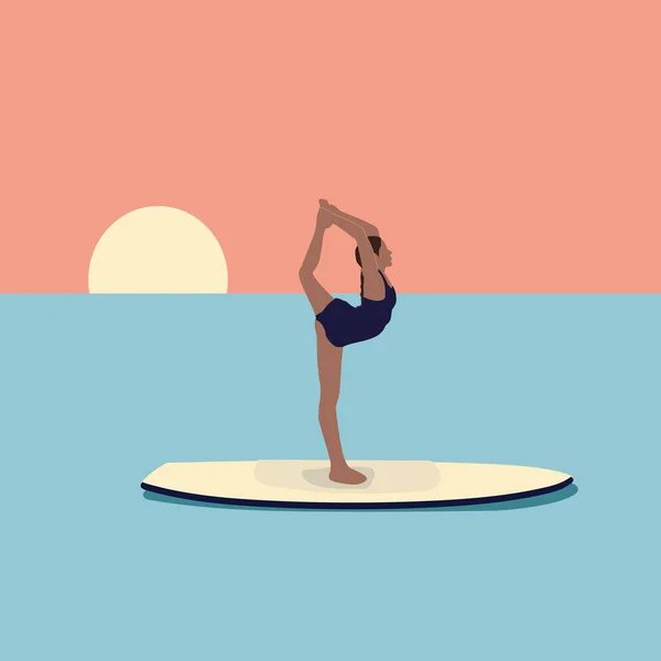 Mujer Joven Haciendo Yoga Una Tabla Sup Personaje Femenino Traje — Vector de stock