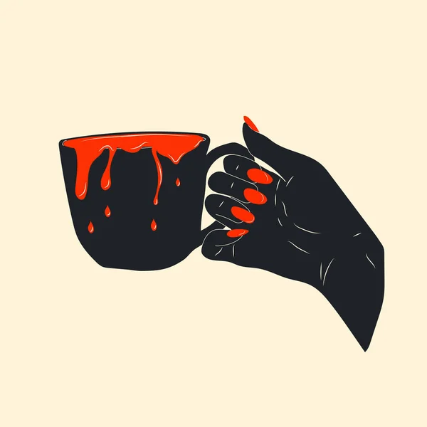 Illustration Hand Holding Cup Blood Pouring Out Image Halloween Horror — Vector de stock