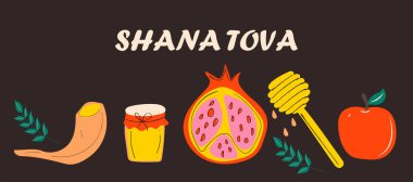 Rosh Hashanah (Yahudi yeni yılı) tebrik kartı tasarımı, elma, bal ve nar çizimi. Vektör illüstrasyonu