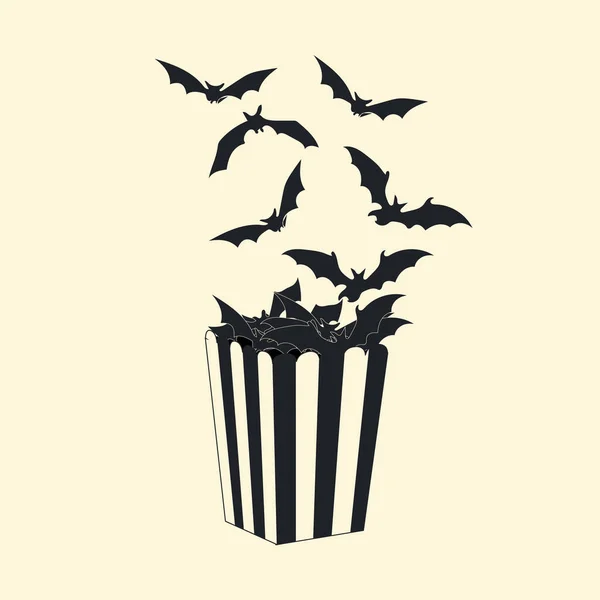 Illustration of popcorn from which bats fly out. Halloween and horror movie images. Vector