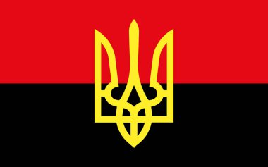 Coat of Arms of Ukrainian Nationalists (OUN-UPA) against the background of the red-and-white flag with a trident. Vector illustration