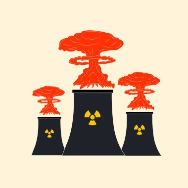 Explosion at nuclear power plants, nuclear disaster, nuclear terrorism.NPP.  Hand drawn vector illustration isolated on white background. Modern flat cartoon style.