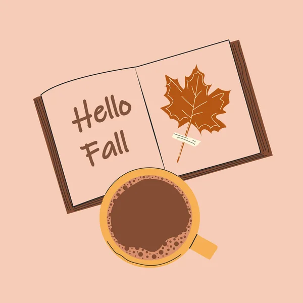 Open Book Inscription Hello Fall Cup Tea Coffee Isolated Orange — Stockvektor