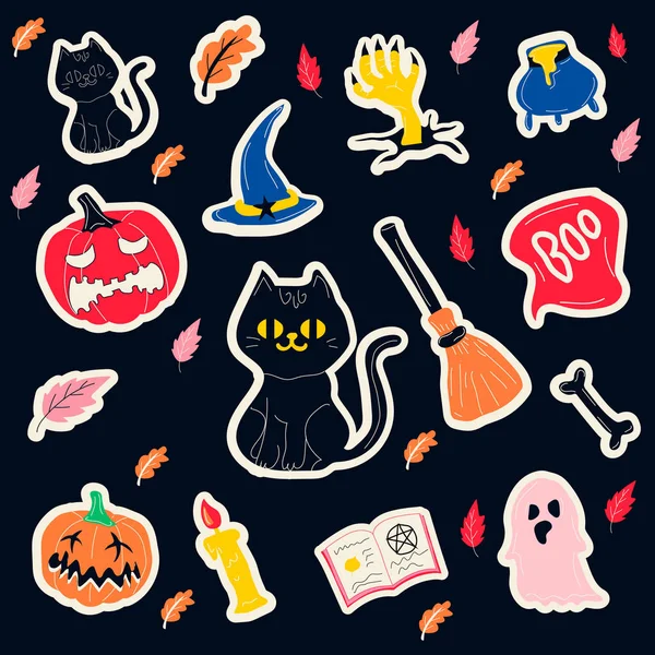 Halloween Stickers Ghost Pumpkin Cat Hat Book Spells Broom Perfect — Stockový vektor
