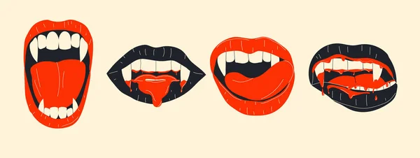 Vampire mouth with fangs set. Closed, open female red lips with long pointed canine teeth and bloody saliva express different emotions isolated on background Cartoon vector illustration, clip art