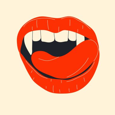 Vampire mouth with fangs . Closed, open female red lips with long pointed canine teeth and bloody saliva express different emotions isolated on background Cartoon vector illustration, clip art