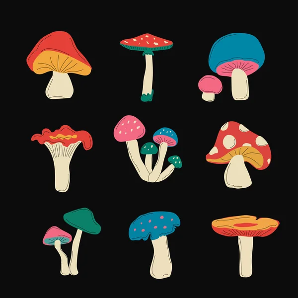 Giftige Eetbare Paddenstoelen Tekenfilm Overzicht Pictogrammen Set Collectie Voor Design — Stockvector