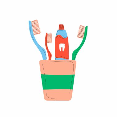 Icon with adult and child toothbrushes, toothpaste in a glass with shade, isolated in a flat illustration.