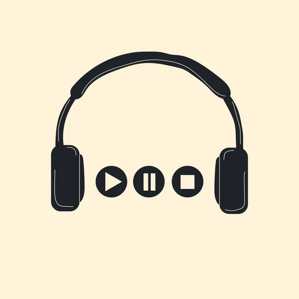 Headphones Play Stop Pause Buttons Podcast Recording Listening Social Media — Vector de stock