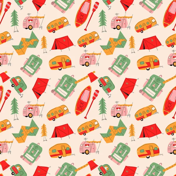 Concept Camping Seamless Pattern Doodles Vector Modern Flat Cartoon Style — Stockový vektor