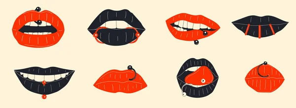 Lips Piercing Vector Set Cartoon Style All Elements Isolated — Stockvector