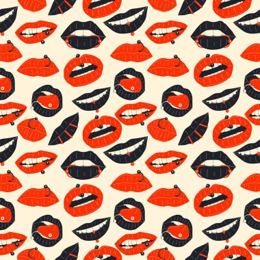 Lips piercing  seamless pattern with doodles. Vector.Modern flat cartoon style.