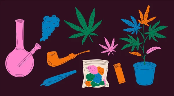 Marihuana Schetsen Pictogrammen Vector Set Hennep Bladeren Zaden Cannabis Knop — Stockvector