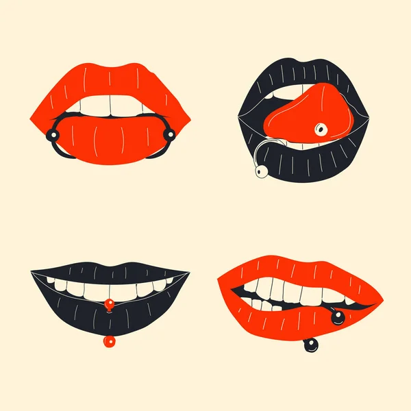Lips Piercing Vector Set Cartoon Style All Elements Isolated — ストックベクタ