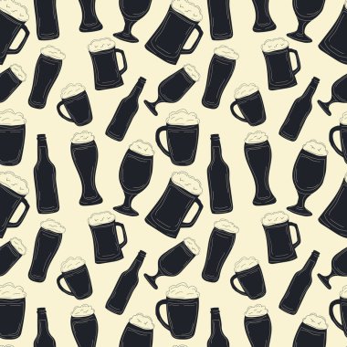 Square seamless Pattern. Beer bottle or glass, mugs retro doodle. Oktoberfest engraving.