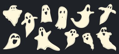 Cartoon halloween ghost, ghosted spooky spirit and mysterious phantoms. Spooky flying phantom ghosts vector symbols illustrations set. 