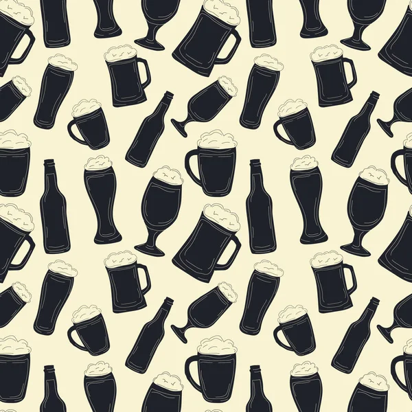 Square seamless Pattern. Beer bottle or glass, mugs retro doodle. Oktoberfest engraving.
