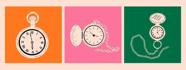 Pocket Watches Set Three Square Patterns Hand Drawn Trendy Vector — Vector de stock