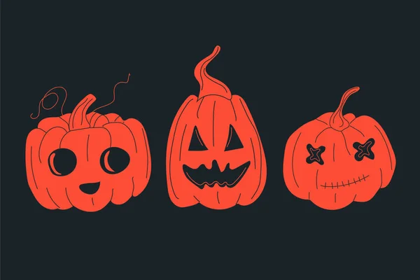 Set Three Halloween Pumpkins Funny Faces Vector Set Cartoon Style — Image vectorielle