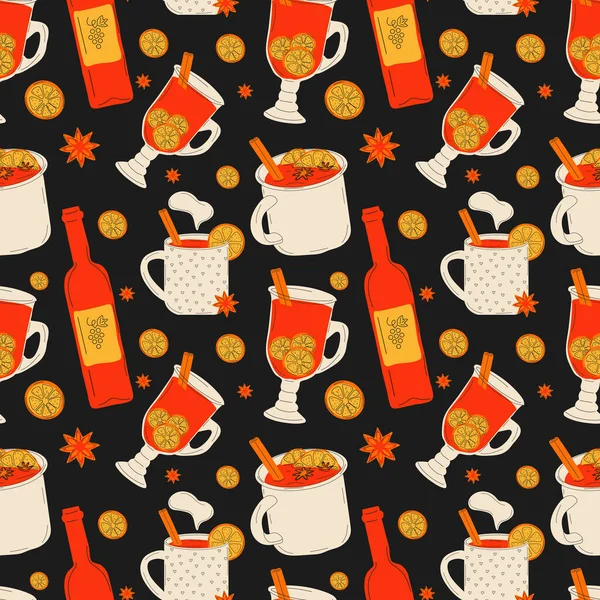 Seamless pattern with  mulled wine in  different cups and a bottle of wine. Vector