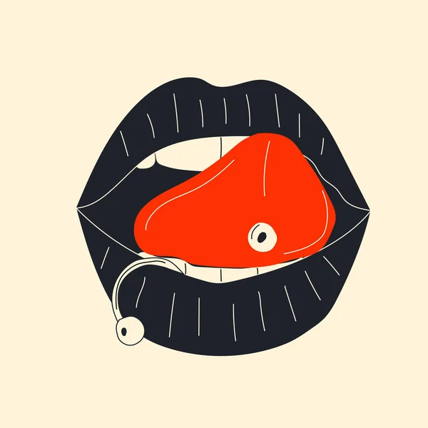 Black Lips Piercing Vector Cartoon Style All Elements Isolated — Archivo Imágenes Vectoriales