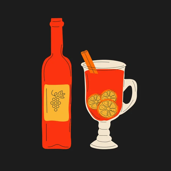 Mulled Wine Cup Bottle Wine Mulled Wine Cinnamon Vector Cartoon — Vetor de Stock