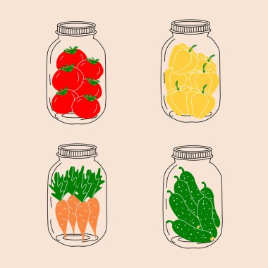 anned food. Set of jars with vegetables. Vector in cartoon style. All elements are isolated