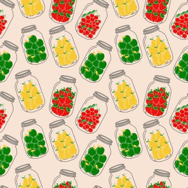 Seamless pattern with set of jars with Fruit. Compote. Vector in cartoon style.